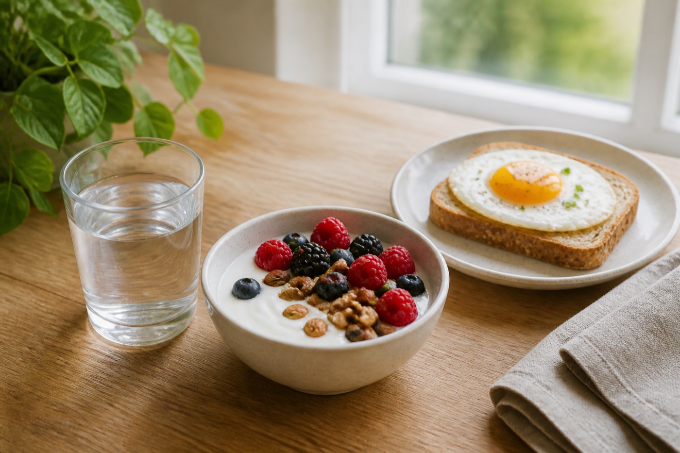 A glass of water with yogurt, berries, nuts, whole-grain toast, and an egg