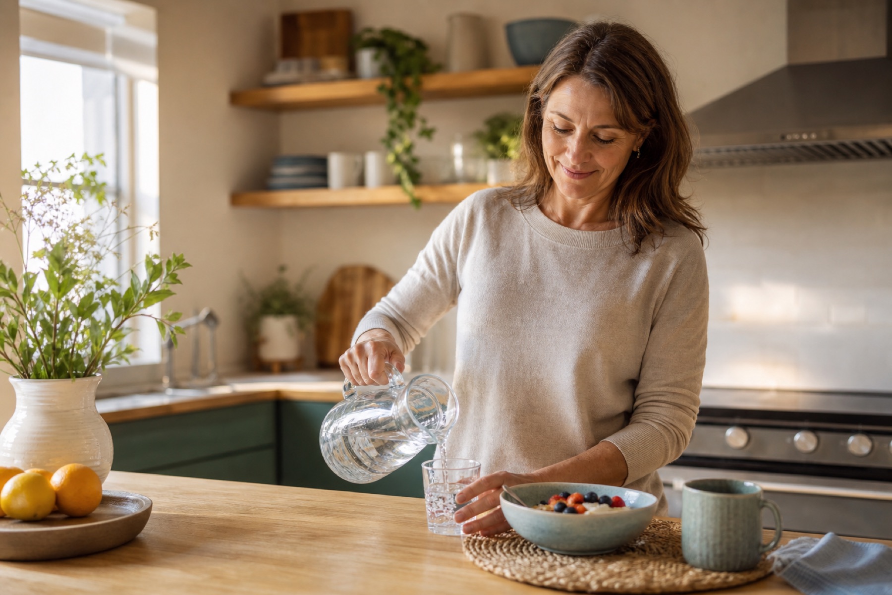 A woman in her fifties pouring a glass of water in her kitchen beside breakfast