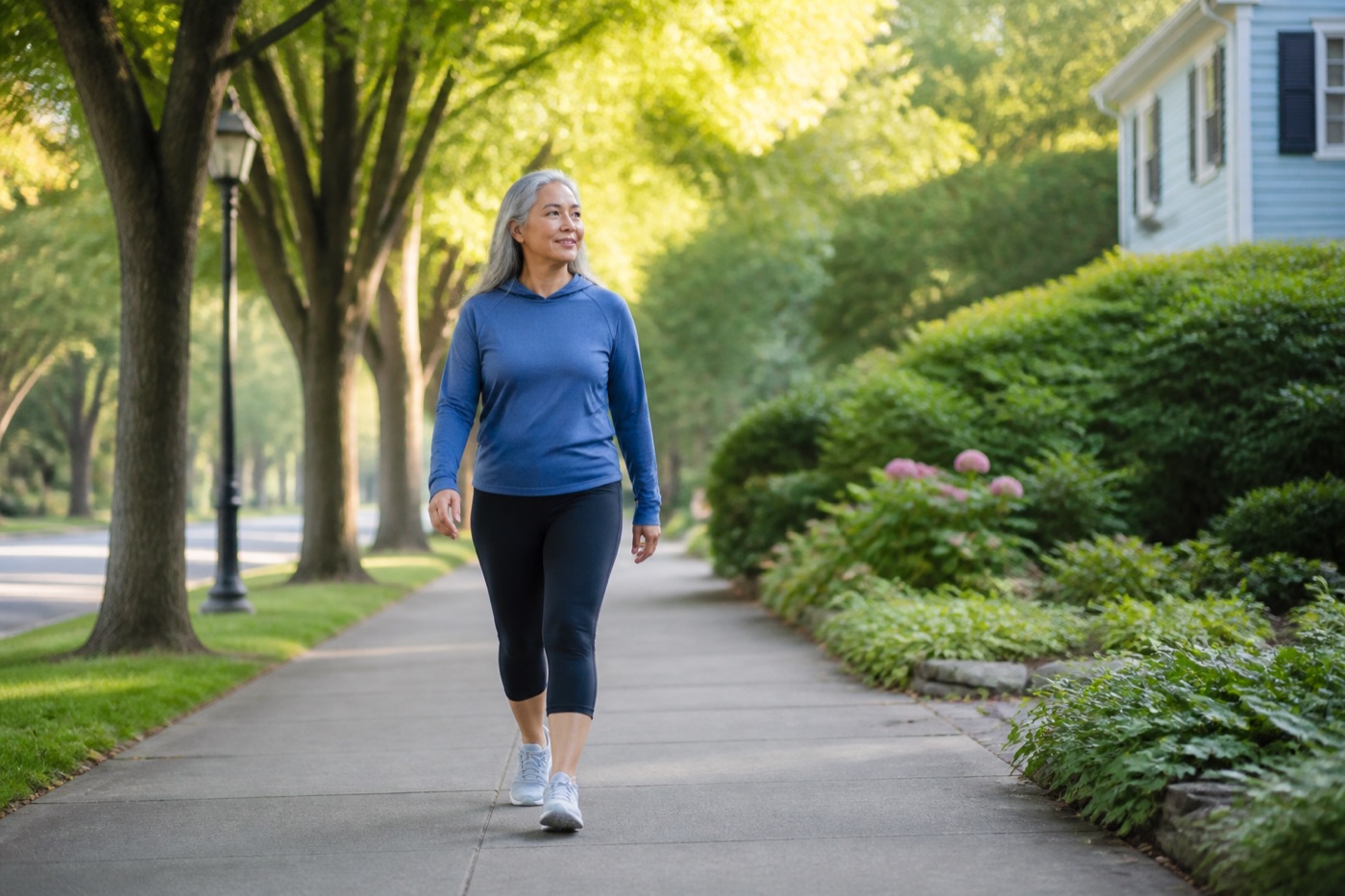 A woman in her fifties taking a relaxed morning walk on a leafy neighborhood path